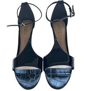 Schutz Black Patent Leather "Carlie" Crocodile Ankle Strap Heels Size 7B USA
